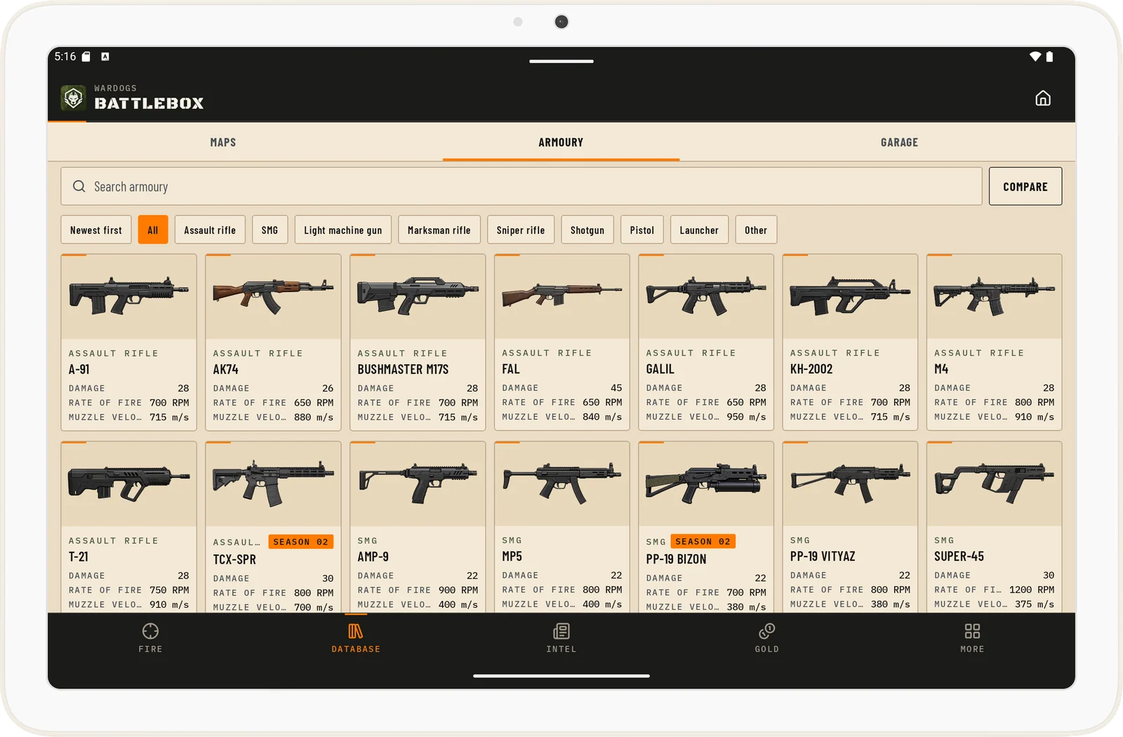 BattleBox Armoury on a tablet: assault rifles and SMGs with damage, rate of fire and muzzle velocity
