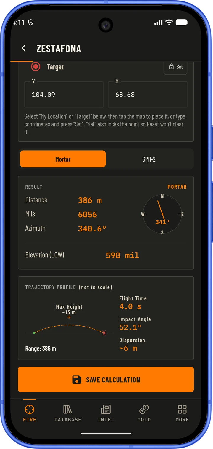 BattleBox mortar firing solution and trajectory profile on a phone