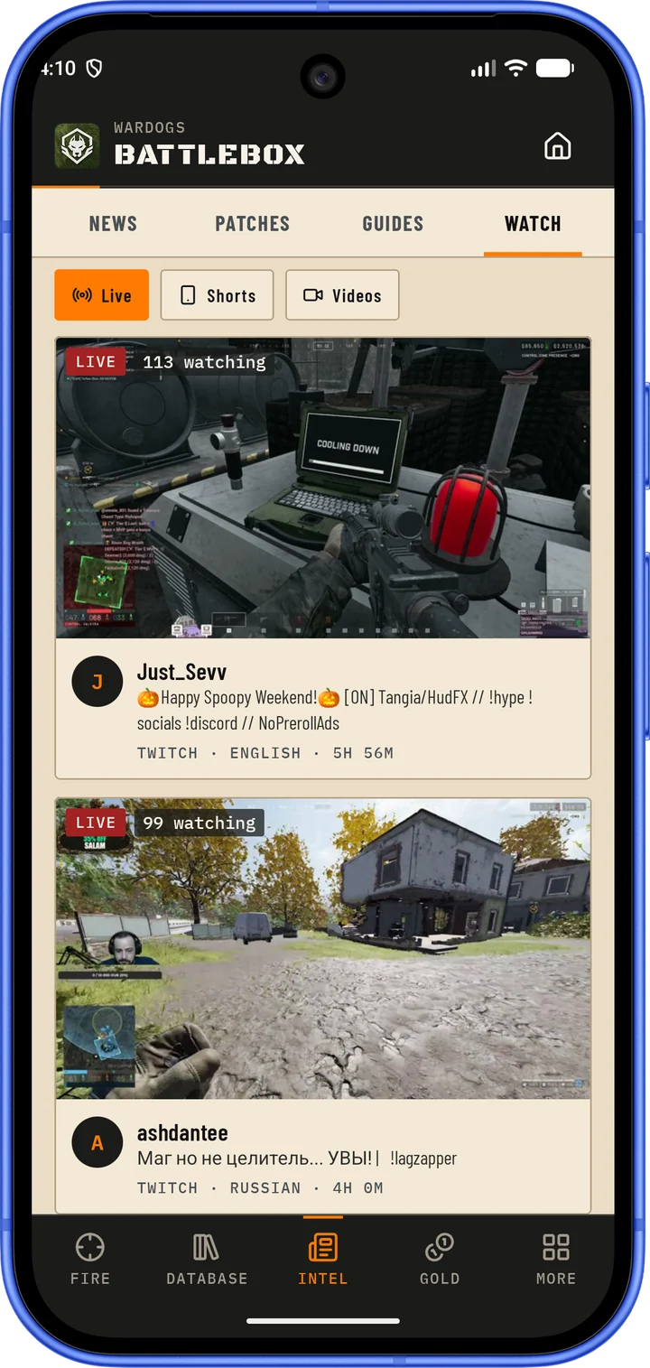 BattleBox Watch tab showing WARDOGS streams live on Twitch